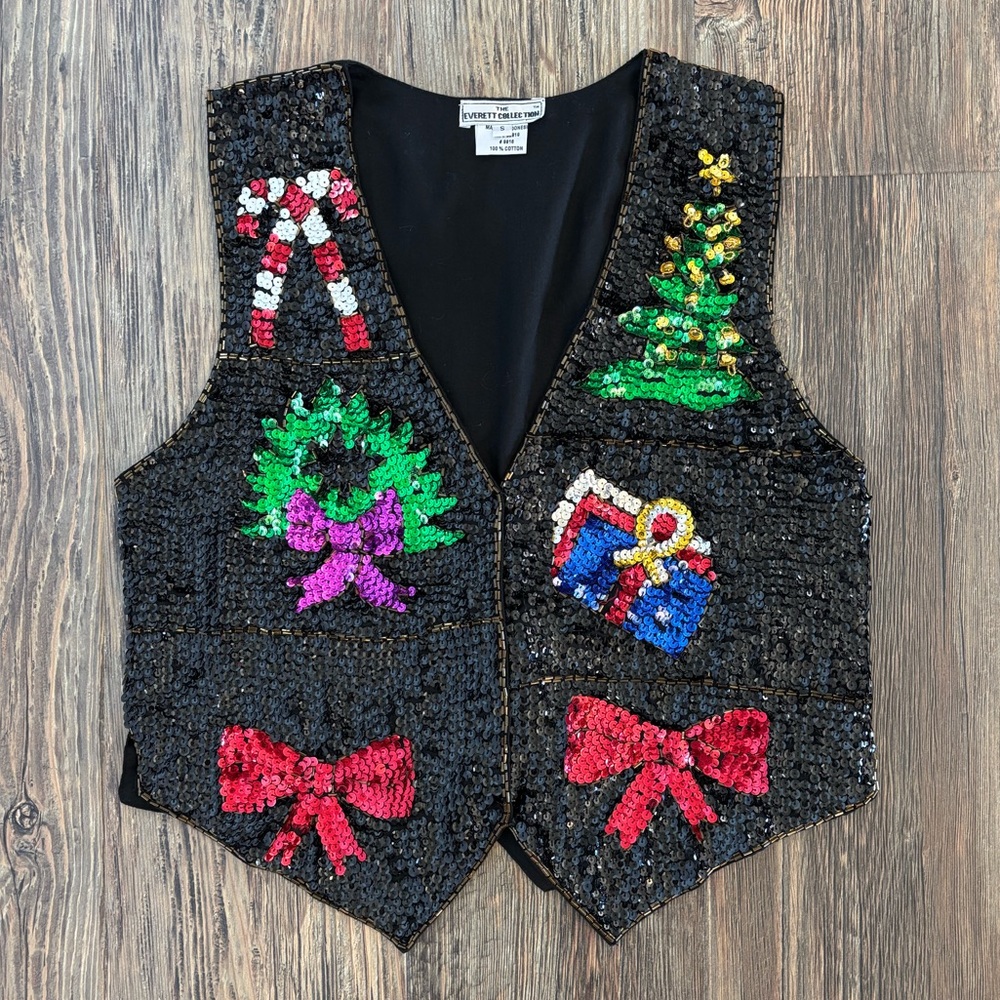 Sequin Holiday Vest - Black with Multicolor Embellishments
